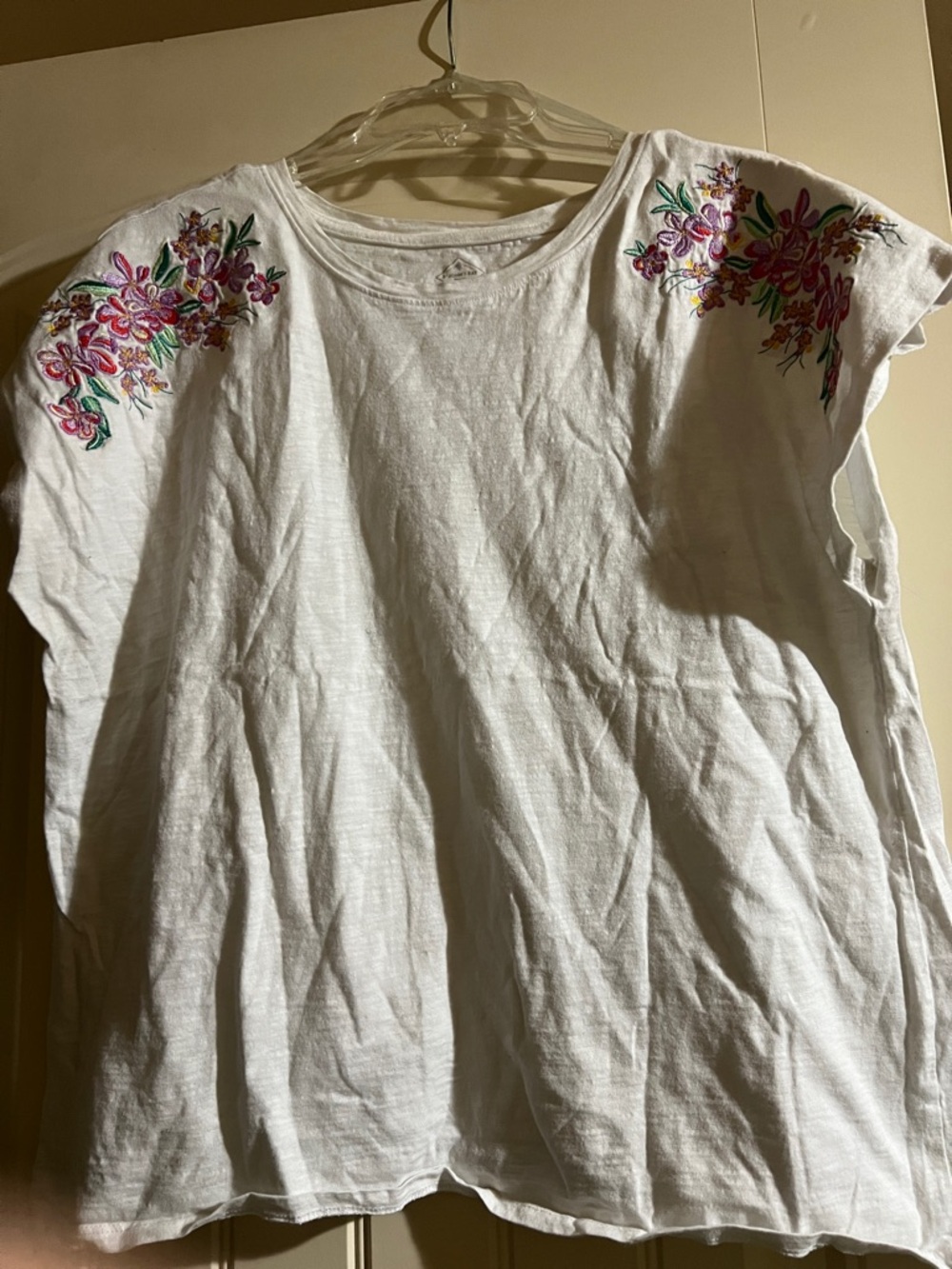 St. John's Bay White Tank with Pink & Green Shoulder Embroidery
